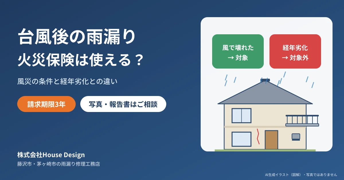 台風後の雨漏りと火災保険 風災で補償される場合とされない場合（図解）