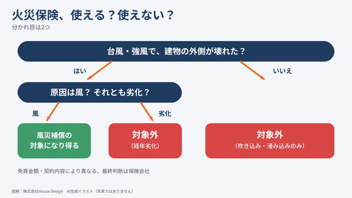 台風後の雨漏り 火災保険で補償される場合とされない場合の分かれ目（図解）