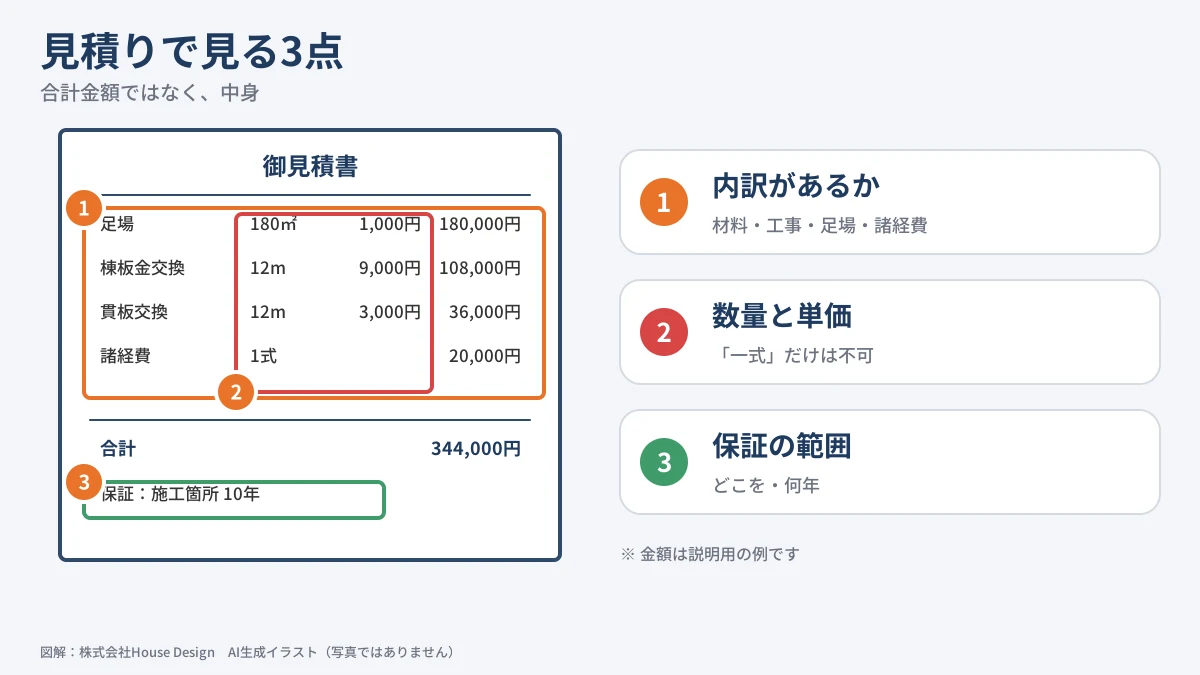 雨漏り見積りの見方 内訳・数量と単価・保証の範囲の3点(図解)