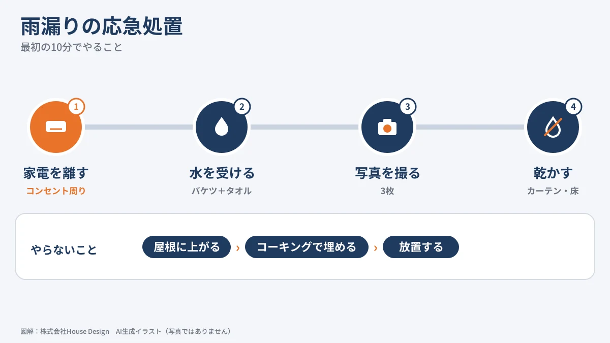 雨漏りの応急処置 最初の10分でやること4ステップの図解