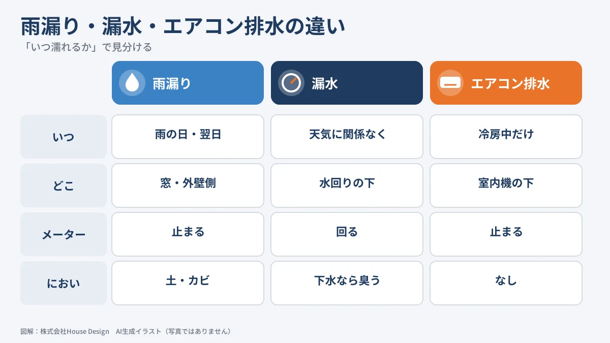雨漏りと漏水の見分け方 いつ濡れる・どこが濡れる・水の色の比較（図解）