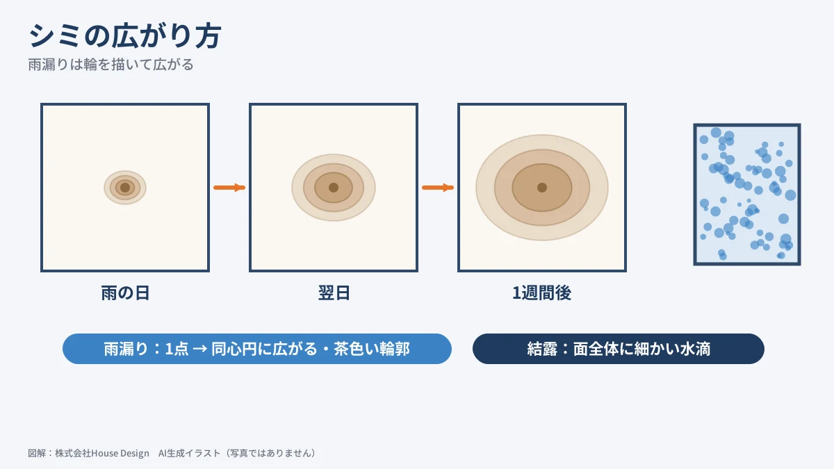 雨漏りのシミの広がり方 1点から同心円状に広がる雨漏りと面で濡れる結露（図解）