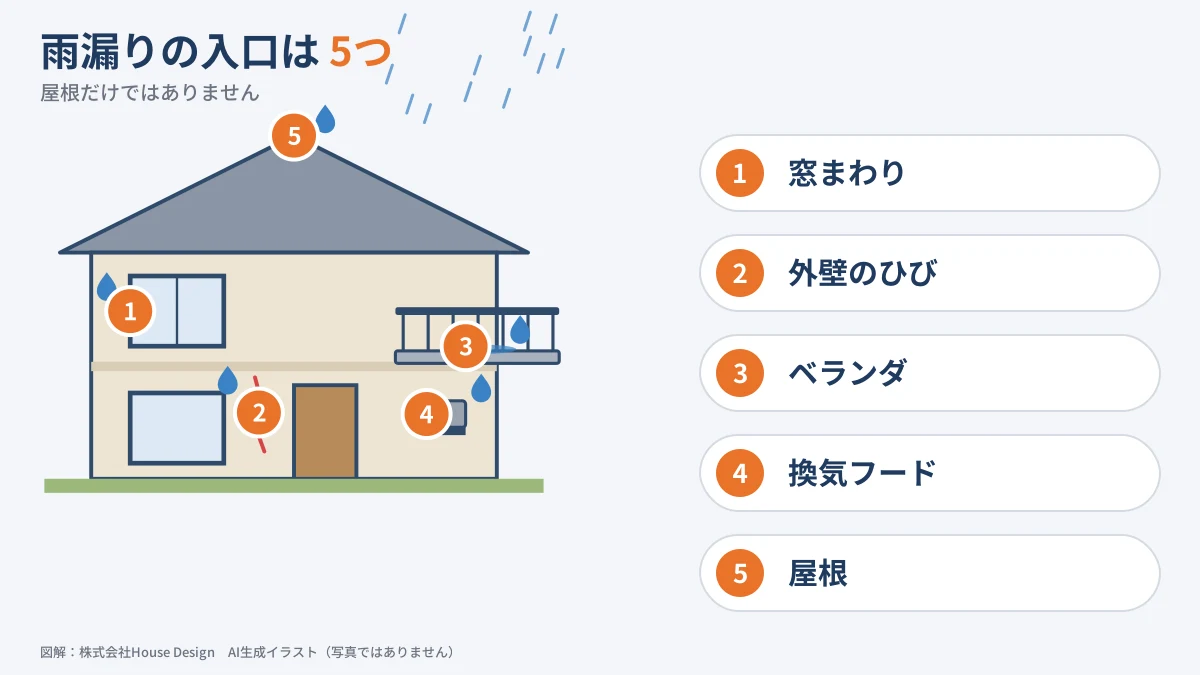 茅ヶ崎市の雨漏り 侵入口になりやすい5部位の図解
