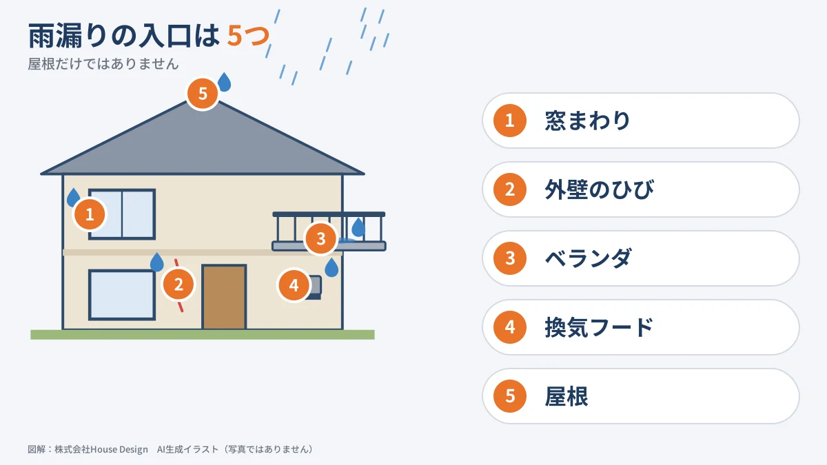 藤沢市の雨漏り 侵入口になりやすい5部位の図解