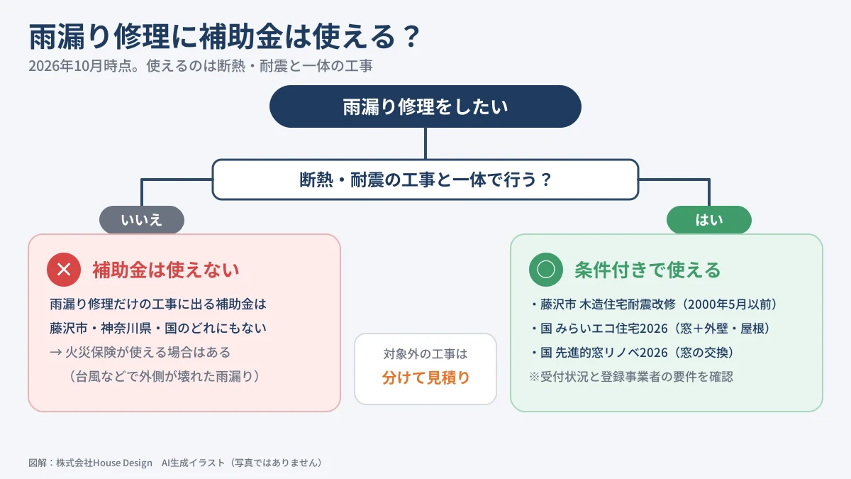 藤沢市の雨漏り修理 補助金が使える場合と使えない場合の分岐(図解)