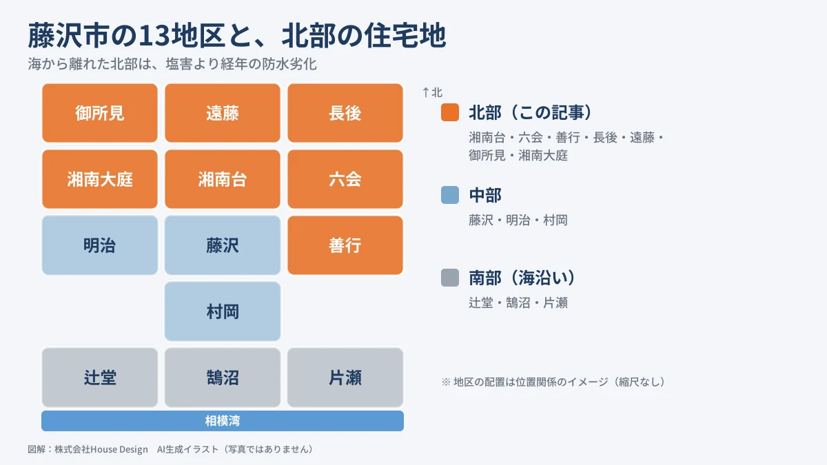 藤沢市北部の雨漏り 湘南台・六会・善行・長後など13地区を北部・中部・南部で色分けした地図イメージ（図解）