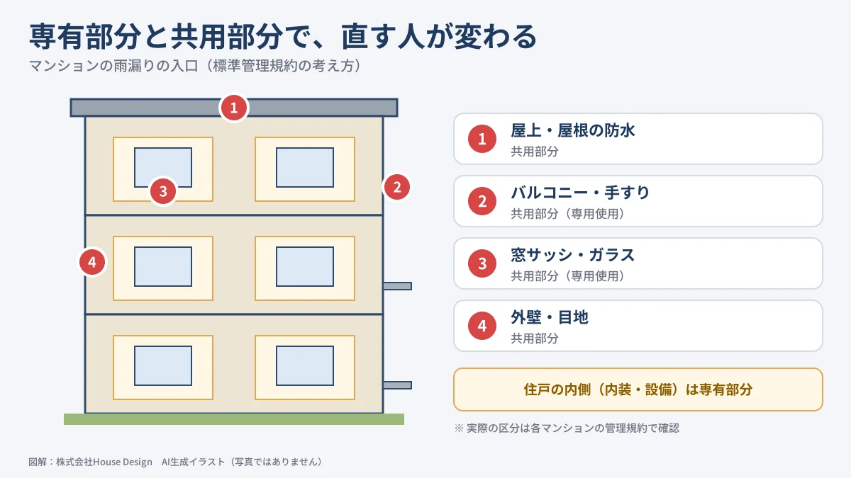 藤沢市のマンションの雨漏り 専有部分・共用部分と雨漏りの入口（図解）