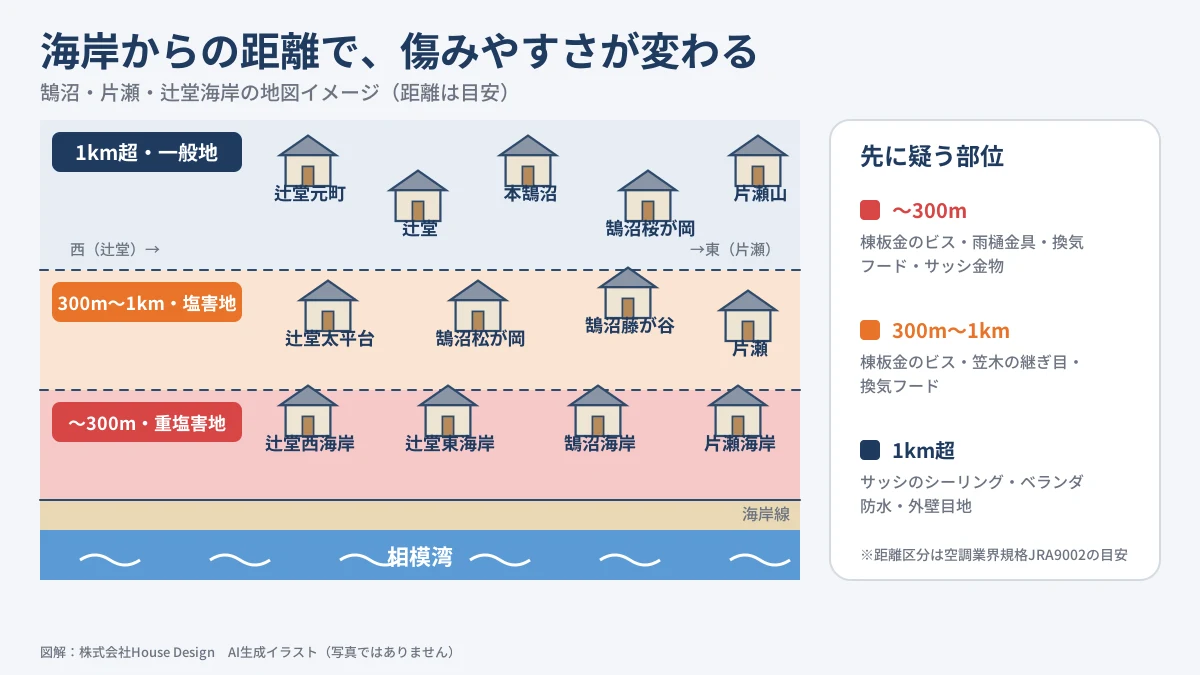 鵠沼・片瀬・辻堂海岸の雨漏り 海岸からの距離300m・1kmの帯と町名の地図イメージ（図解）