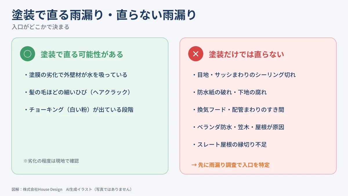 外壁塗装で直る雨漏りと直らない雨漏りの比較(図解)
