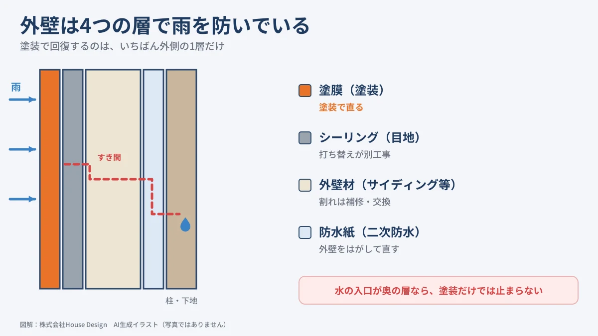 外壁の層 塗膜・シーリング・外壁材・防水紙と雨漏りの水の入り方(図解)