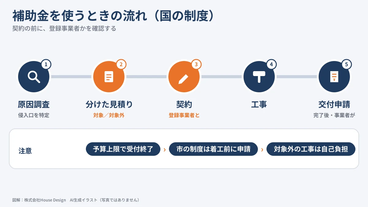 雨漏り修理と補助金 申請の流れ 着工前に申請・契約(図解)