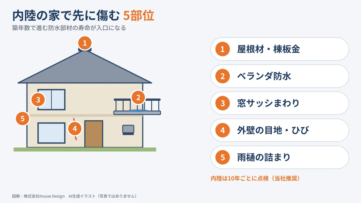 藤沢市北部の雨漏り 内陸の家で先に傷む5部位（屋根材・棟板金、ベランダ防水、窓サッシまわり、外壁の目地、雨樋）の図解