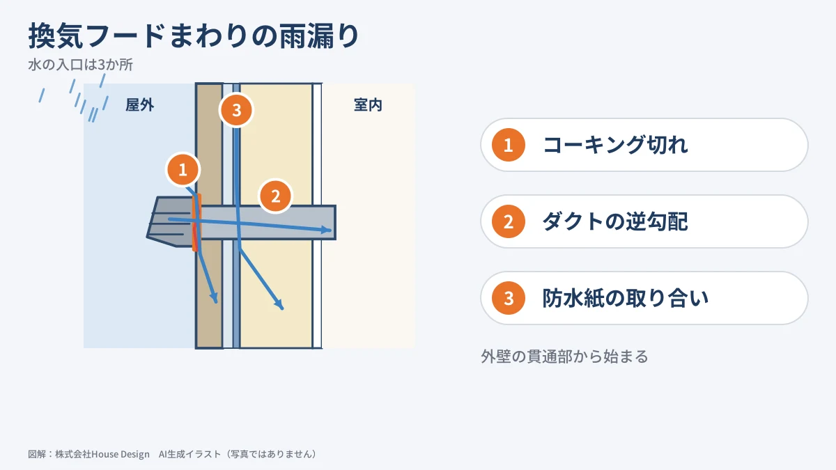 換気フードまわりの雨漏り 断面図で見る3つの水の入口（図解）