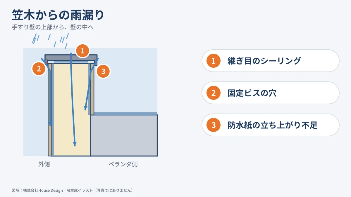 笠木からの雨漏り 断面図で見る3つの水の経路(図解)