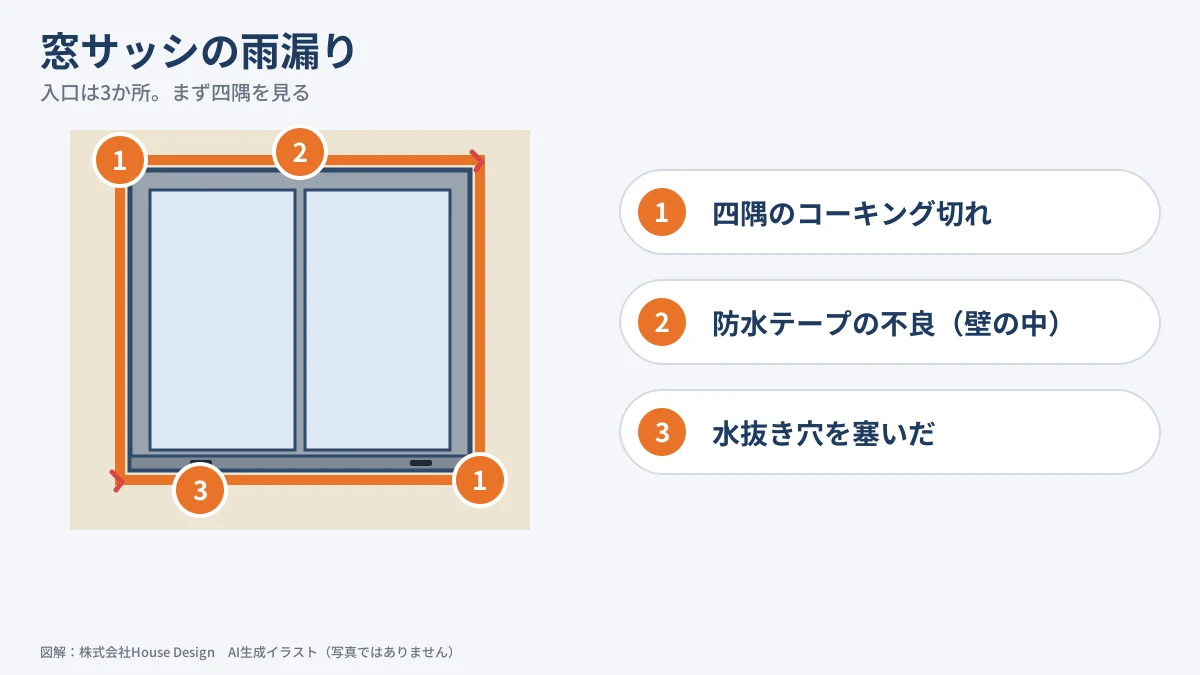 窓サッシの雨漏り サッシ四隅と水の入口3か所（図解）