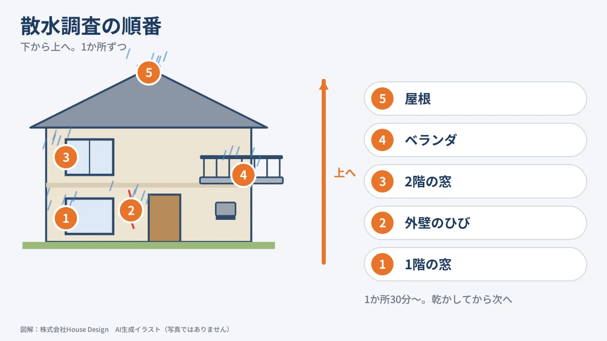 雨漏りの散水調査 水をかける順番は下から上へ、1か所ずつ（図解）