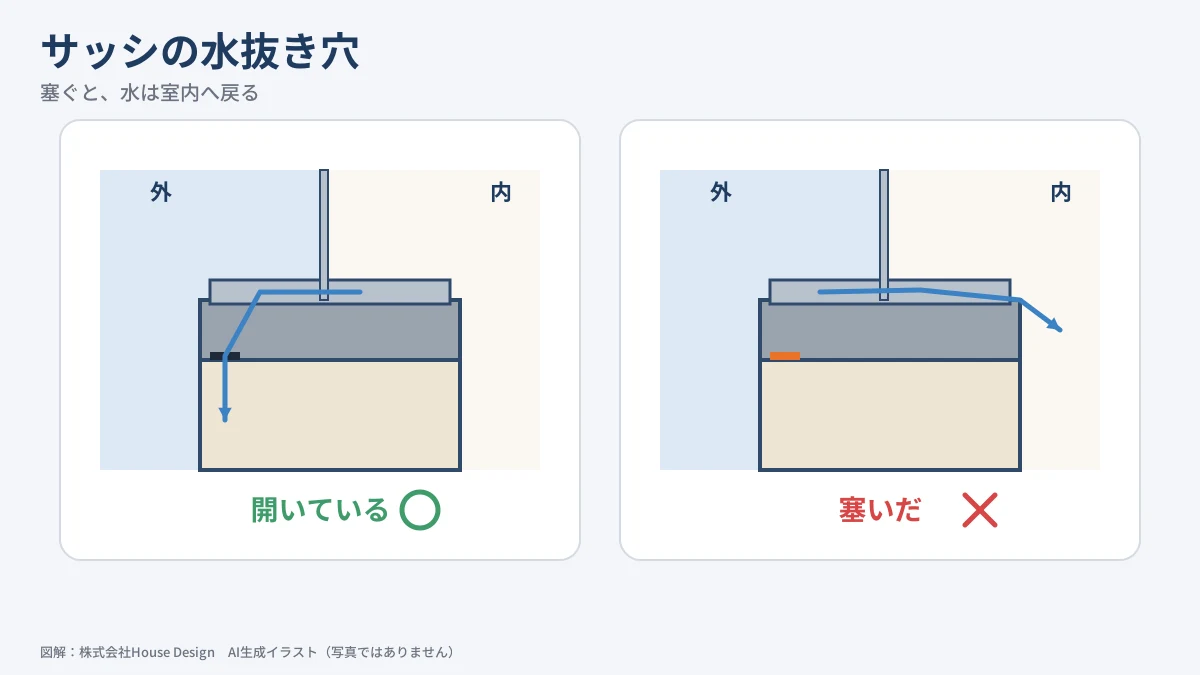 サッシ 水抜き穴の位置と水の流れ 塞ぐと室内に逆流する（図解）