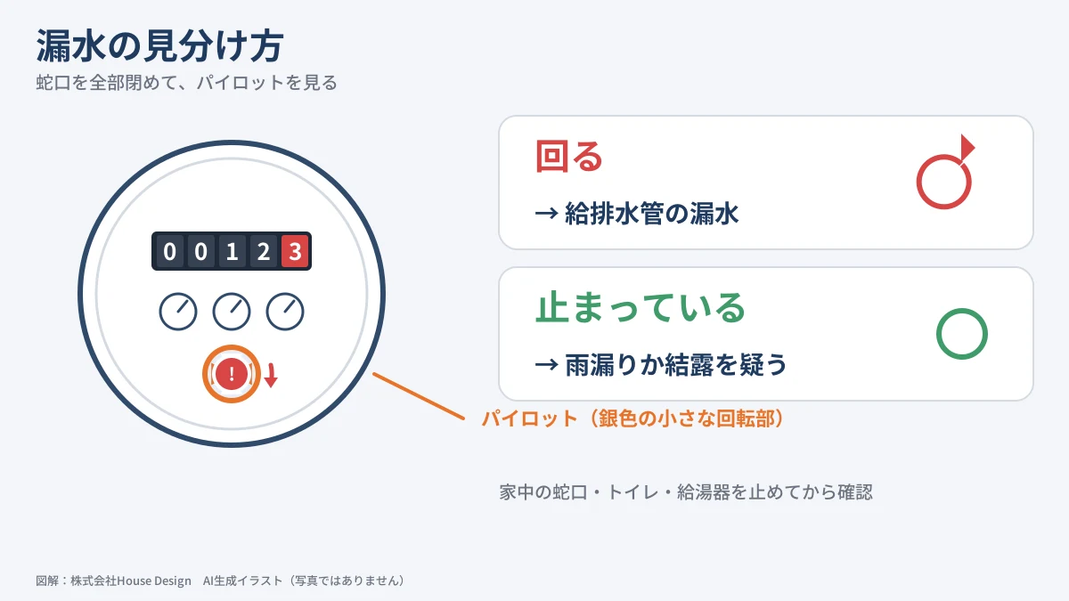 水道メーターのパイロット 漏水の見分け方 蛇口を閉めても回れば漏水（図解）