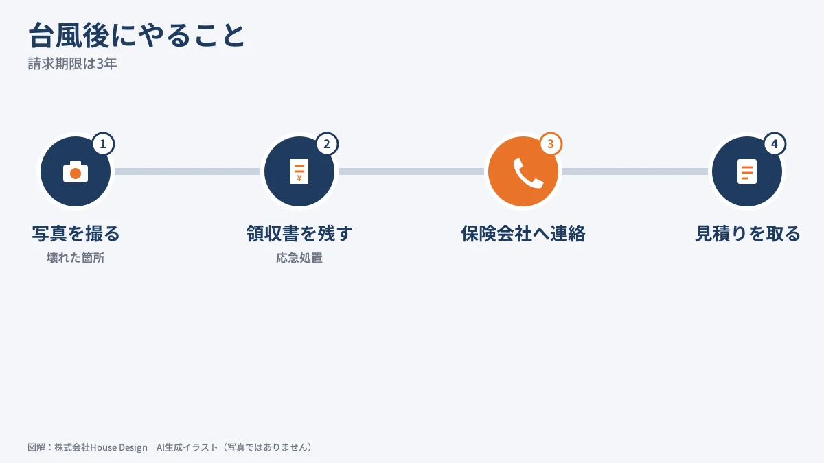 台風後の雨漏り 火災保険の手続き前にやること4ステップ（図解）