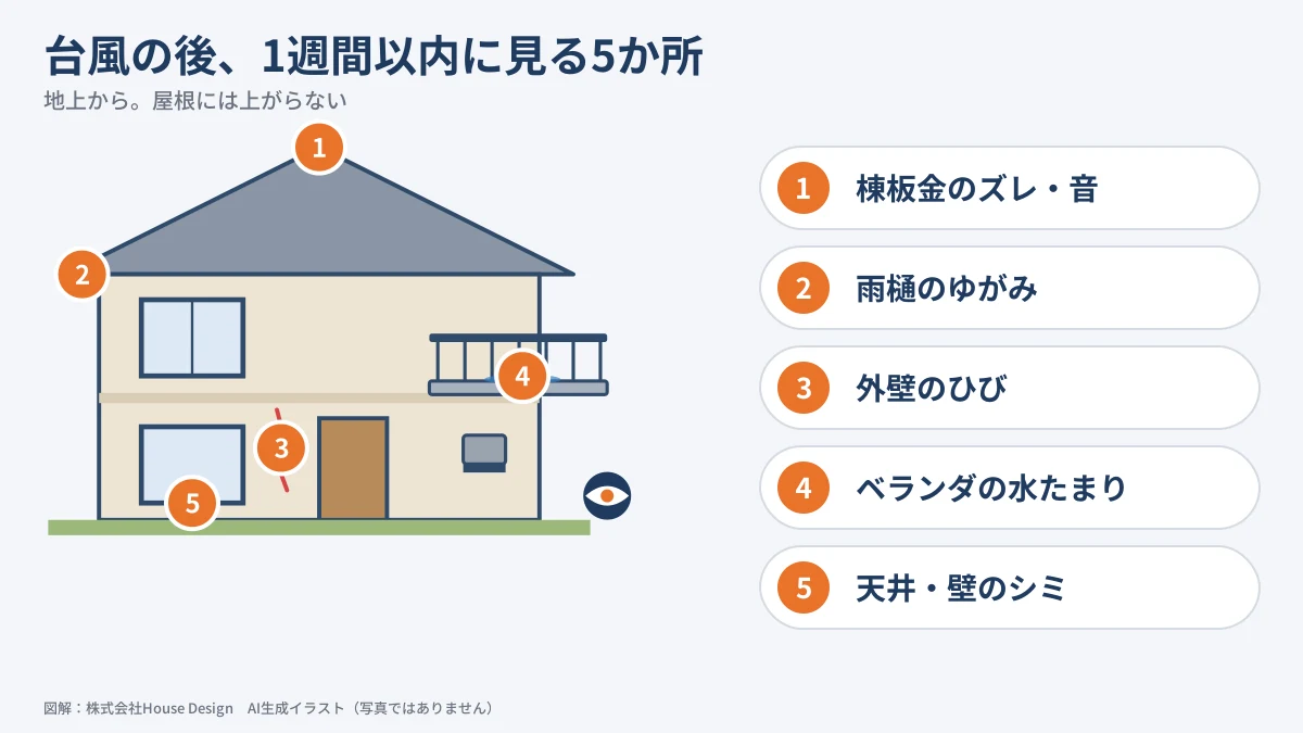 台風の後1週間以内に地上から見る5か所の点検マップ(図解)