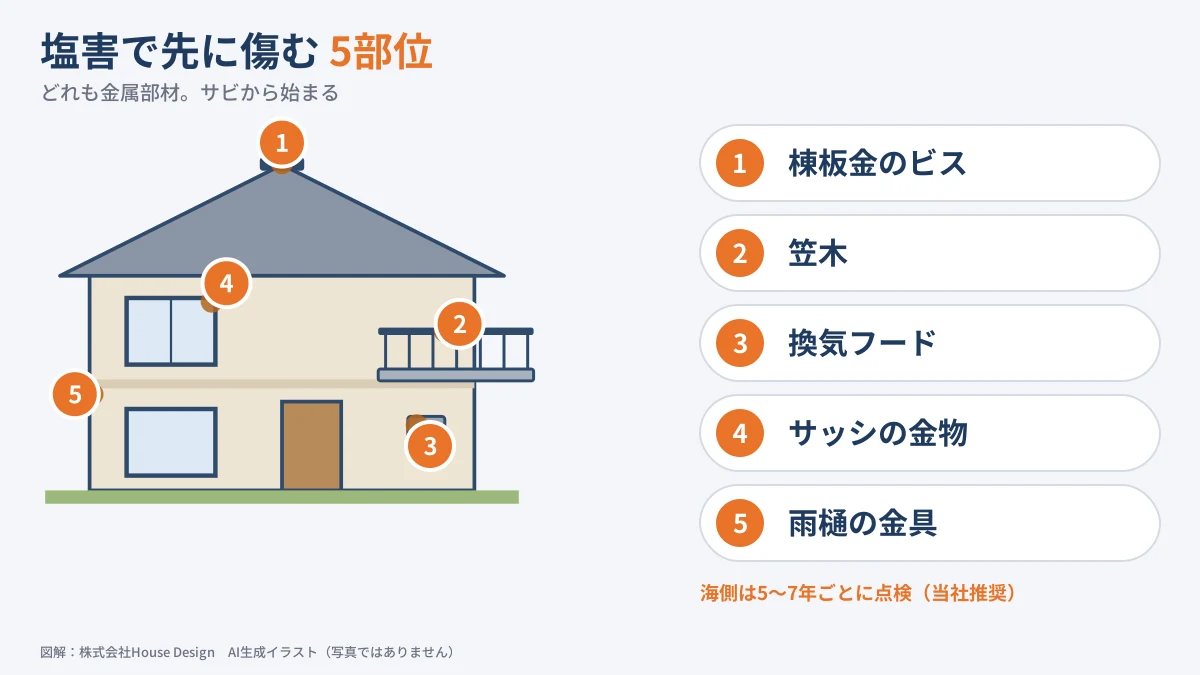 海沿いの家の雨漏り 塩害で先に傷む5部位の図解