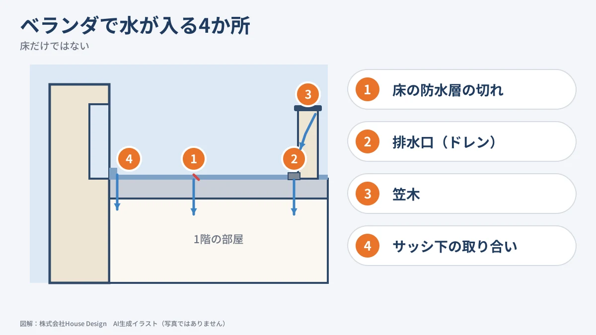 ベランダの断面図 雨漏りの入口になる4か所（防水層・排水口・笠木・サッシ下）