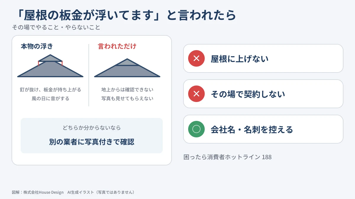 屋根の板金が浮いてますと訪問で言われたら 本物の浮きとの違いと、その場の3つの行動(図解)
